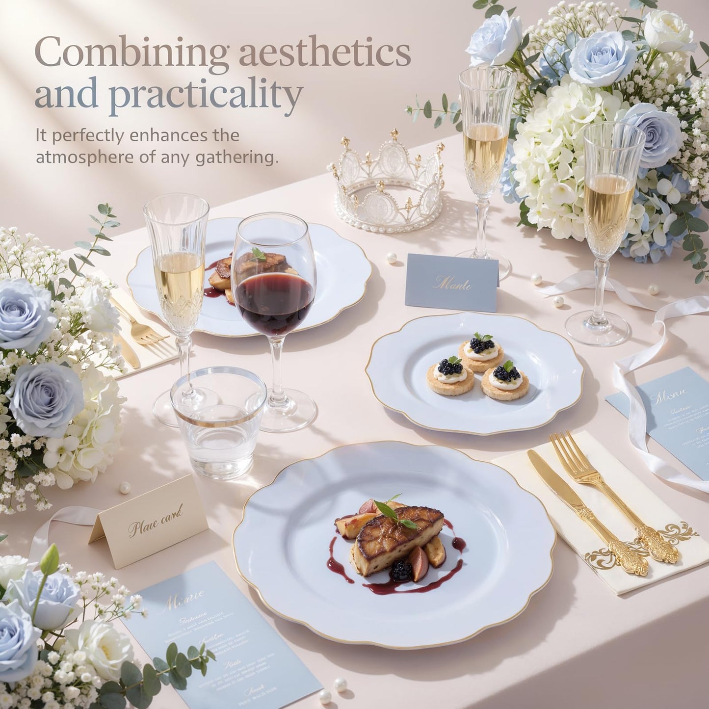NOCCUR 175PCS Blue Plastic Plates with Gold Disposable Silverware - Include 50 Light Blue and Gold Plastic Plates,25 Knives,25 Forks,25 Spoons,25 Cups and 25 Napkins - Baby Shower/Party/Spring/Wedding