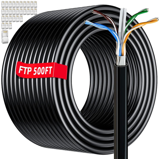 Cat 6 Outdoor Ethernet Cable 500ft (30 RJ45), FTP Cat 6 Shielded Ethernet Cable Bulk, Heavy Duty 23AWG, Direct Burial, In-Ground, POE, Waterproof, UV Resistant Cat6 Cables 500 feet for Router Gaming