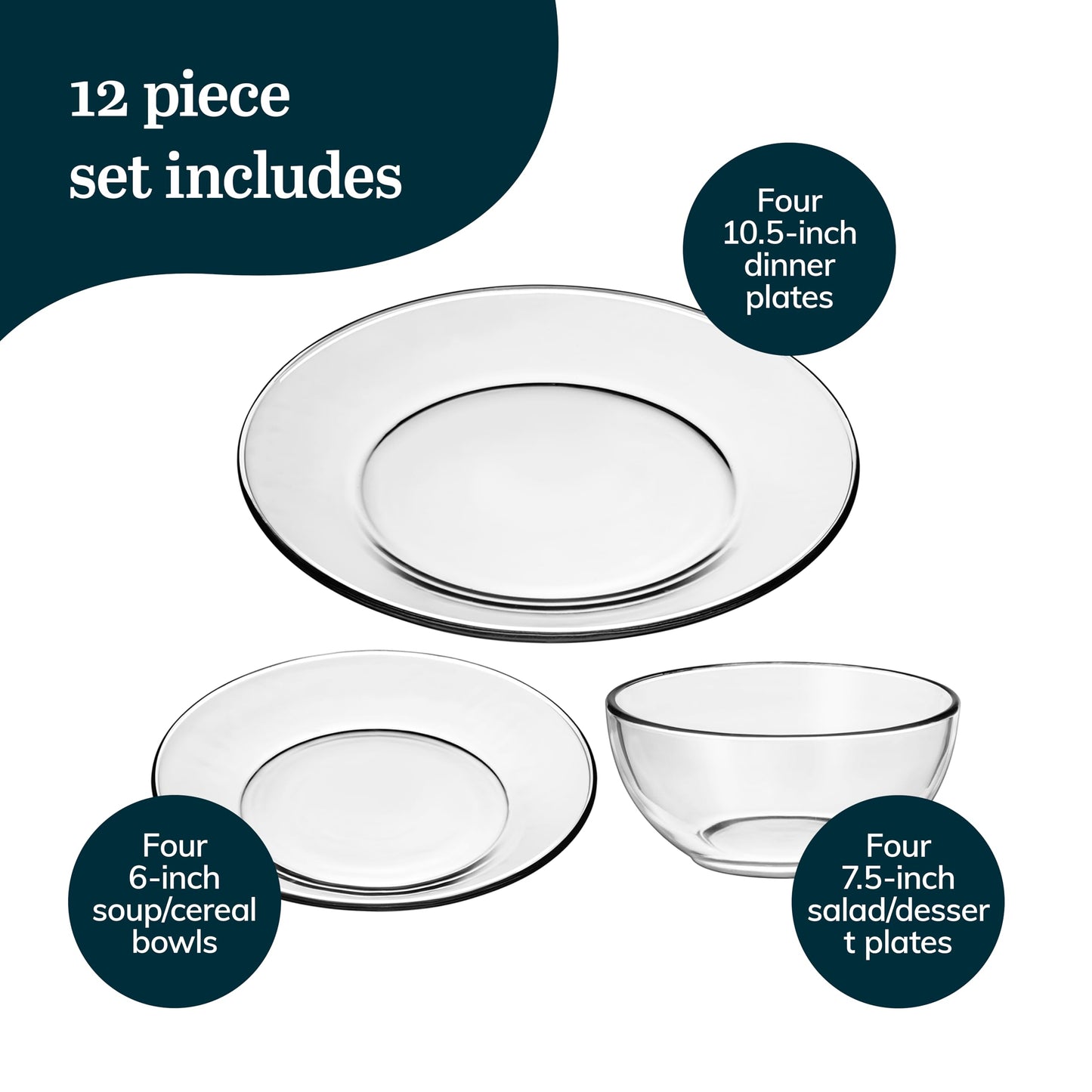 Libbey Round 12 Piece Glass Dinnerware Set, Stackable Glass Plate and Bowl Set w/Round Shape, Modern Plates and Bowls Sets for Gatherings, and Everyday Use