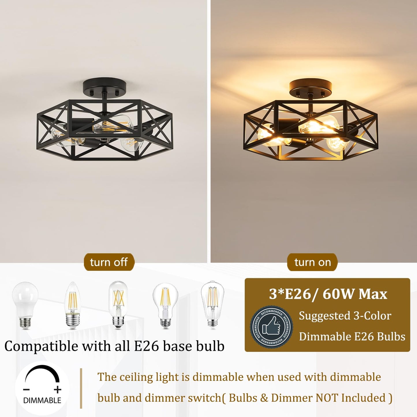 Bwxcie Modern Farmhouse Black Ceiling Light,Industrial Semi Flush Mount Ceiling Lighting Fixture,Hexagonal Lighting Fixtures for Kitchen,Bedroom,Foyer,Dining Room,Hallway,3-Light,14.6 Inch