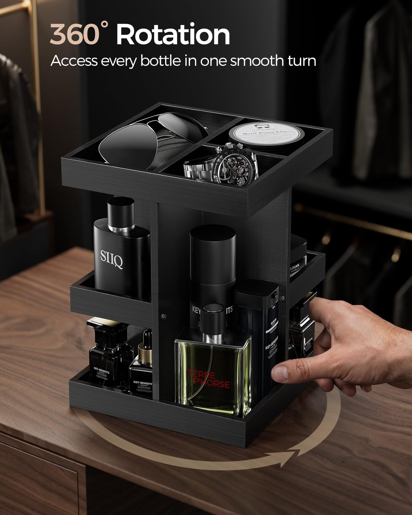ProCase 3-Tier 360° Rotating Cologne Organizer for men, Large Capacity Wooden Countertop Display Rack for Bathroom & Dresser, Space-Saving Vanity Tray for Perfume & Skincare, Gifts for Him (Black)