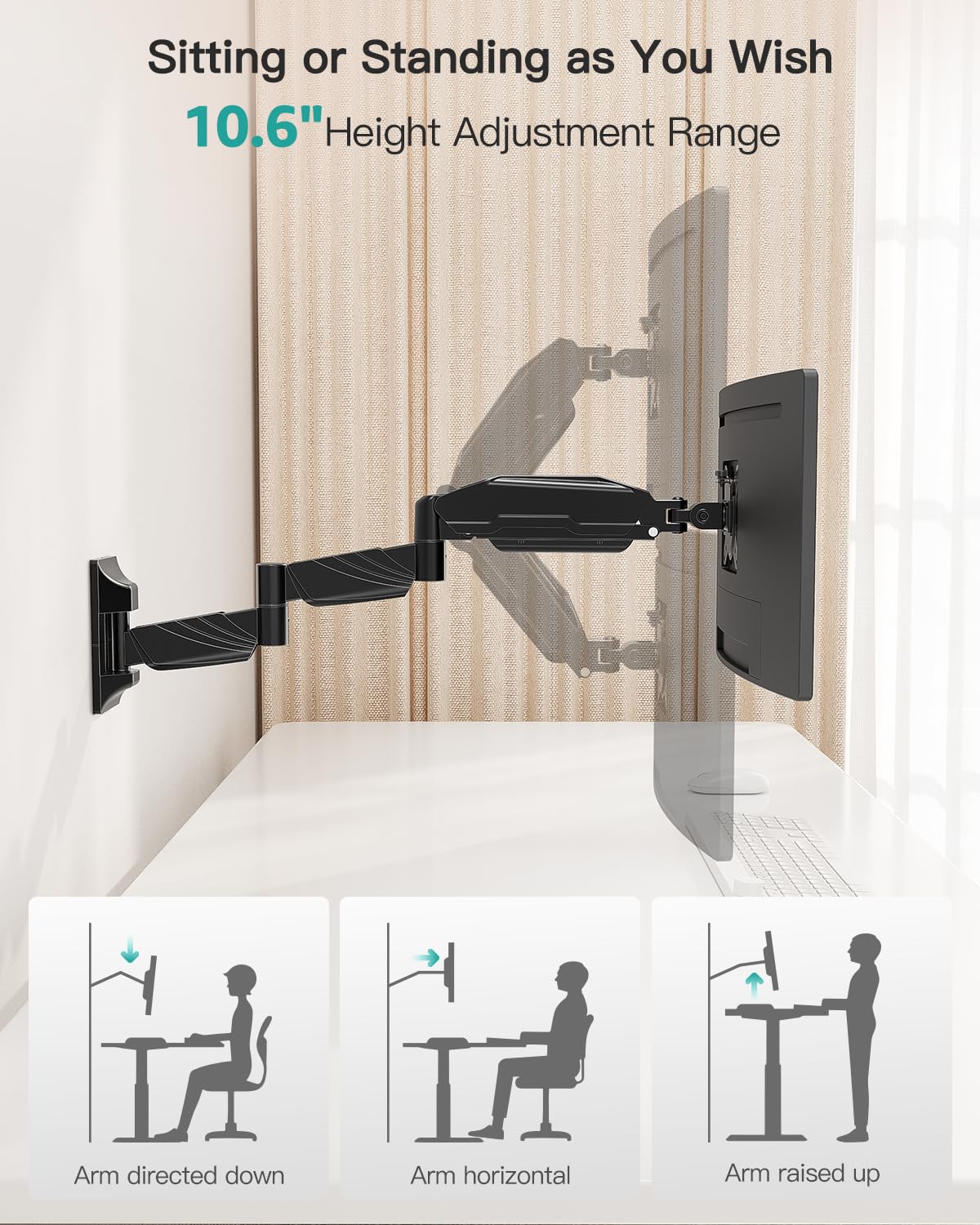 MOUNT PRO Monitor Wall Mount for 13 to 32 inch Computer Screen, Extra Long Adjustable Single Wall Mount Monitor Arm, Full Motion Vesa Wall Bracket 100x100, Hold up to 17.6lbs, Black