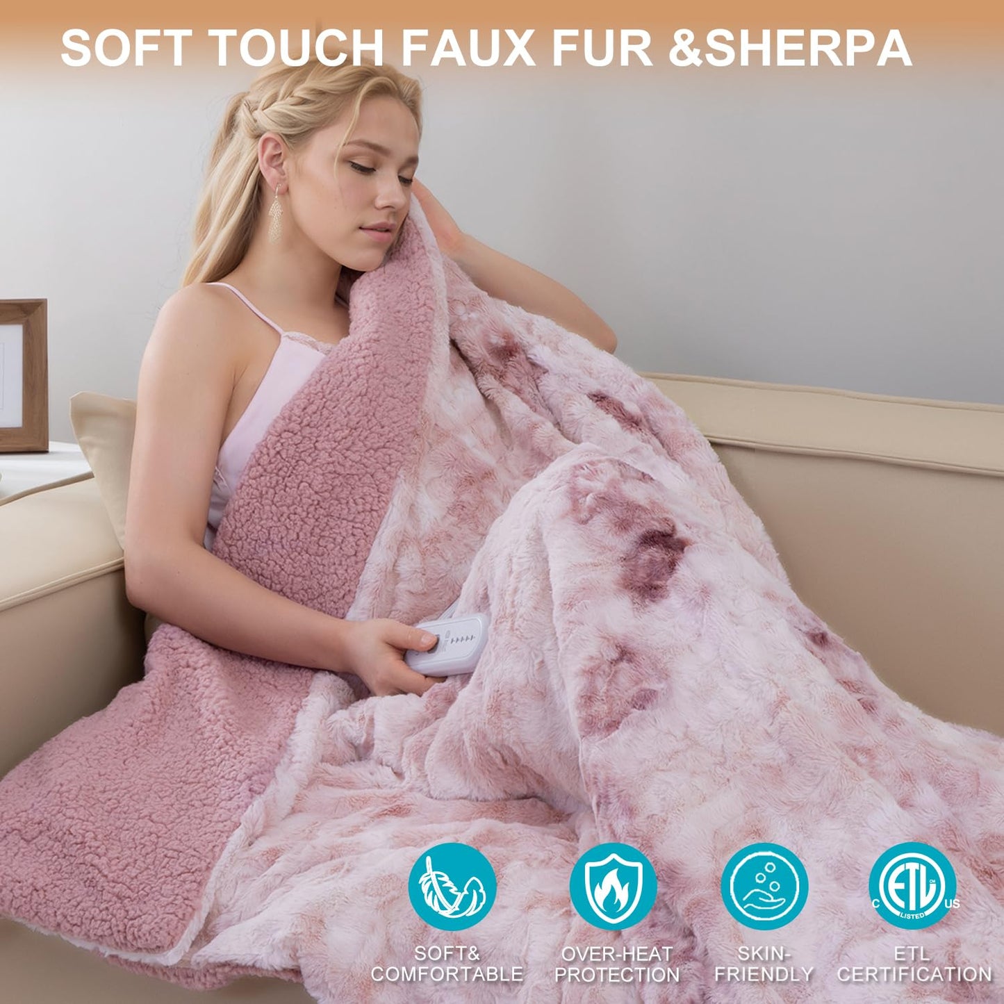 Dowin Heated Blanket Throw Size, Tie Dye Faux Fur Electirc Throw Blanket 50x60 inch,Pink Heating Blanket with Single Controller, 5 Heating Levels &10 Hours Auto-Off