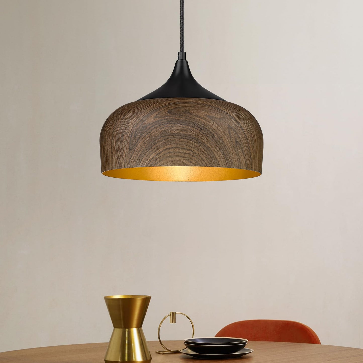 ELYONA Modern Bauhaus Pendant Light Walnut Wooden Pattern Dome Pendant Light Fixture Matte Black Metal Gold Inner Adjustable Hanging Lighting for Kitchen Island Dining Room Office Hallway Bedroom