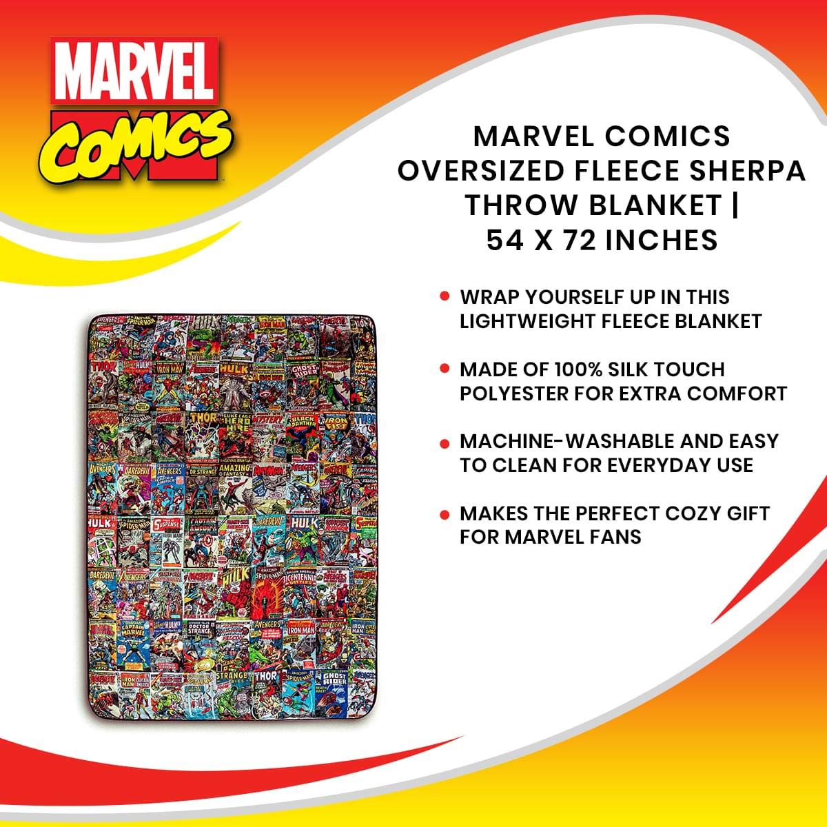 Marvel Comics Oversized Fleece Throw Blanket With Spider-Man, Captain America, Black Panther, More | Superhero Geeky Home Decor | Soft And Cozy Sherpa Blanket | 54 x 72 Inches