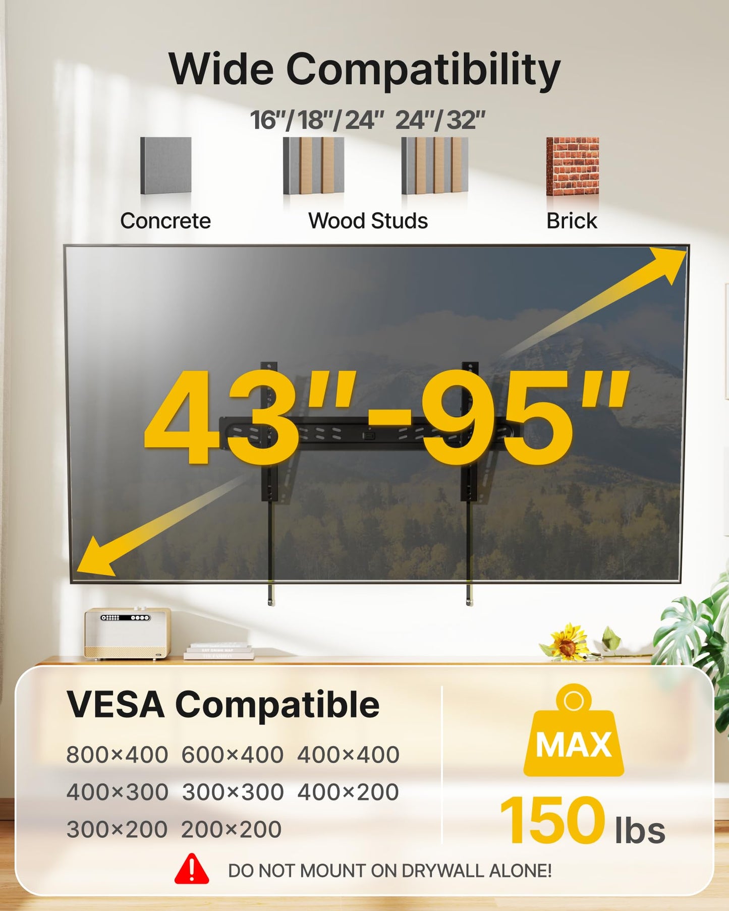 monTEK Ultra Slim Tilting TV Wall Mount Bracket for 43–95" Flat & Curved TVs, 1.2" Low Profile, Anti-Glare Tilt, Holds 150 lbs, Supports VESA 800x400, Fits 16"/18"/24"/32" Studs