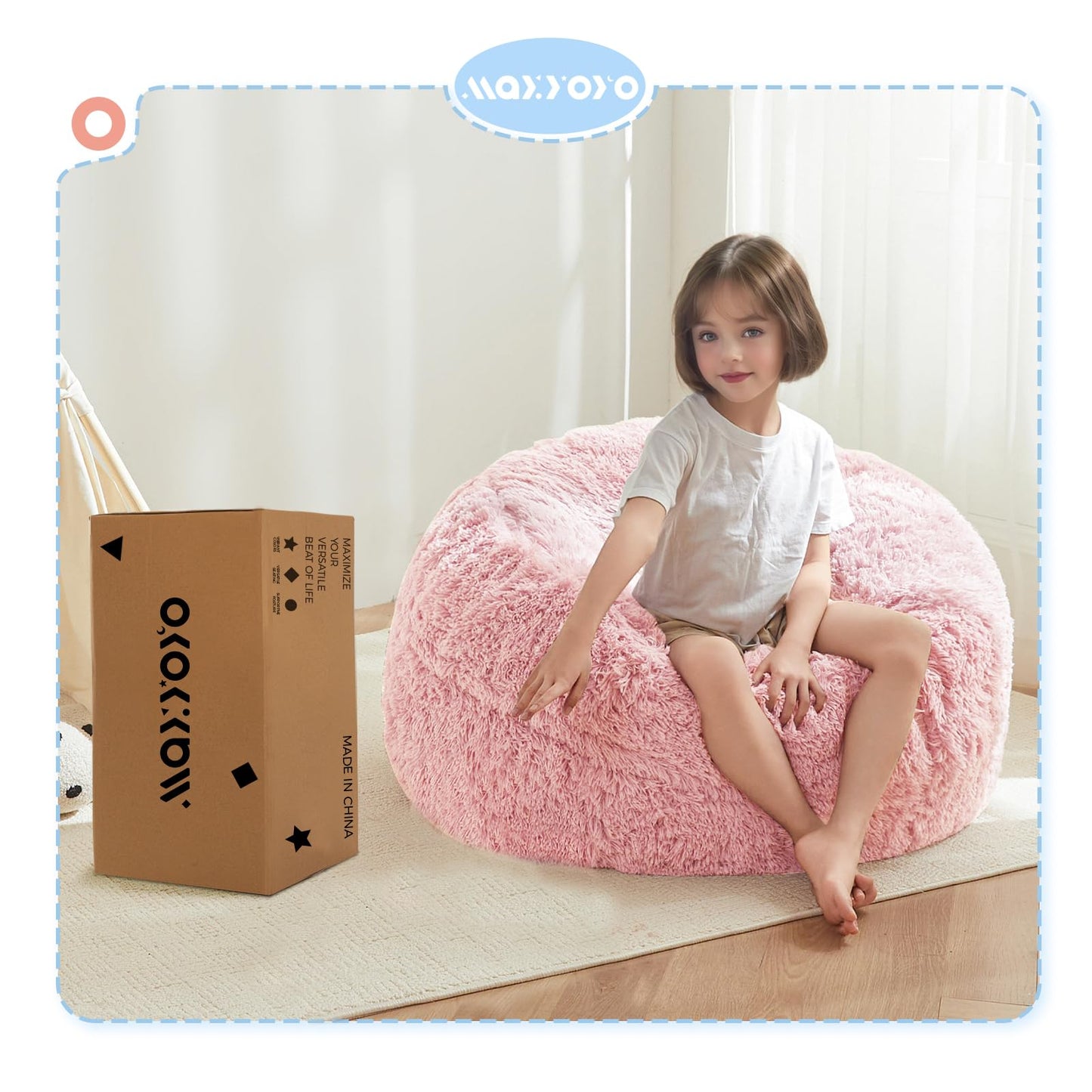MAXYOYO Bean Bag Chair Bed for Kids, Plush Convertible Bean Bag Folds from Lazy Chair to Floor Mattress Bed, Stuffed Floor Sofa Couch for Boys and Girls, Machine Washable, Pink