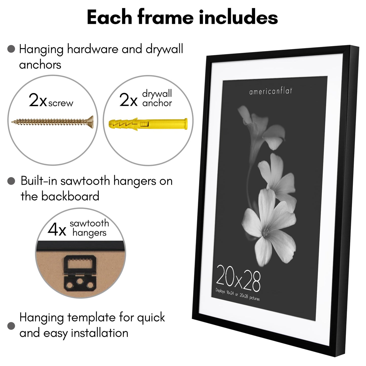 Americanflat 20x28 Picture Frame with Polished Plexiglass - Use as 16x24 Frame with Mat or Display 20x28 Photo Without Mat - Soho Collection - Deep Molding Picture Frames for Wall Display - Black