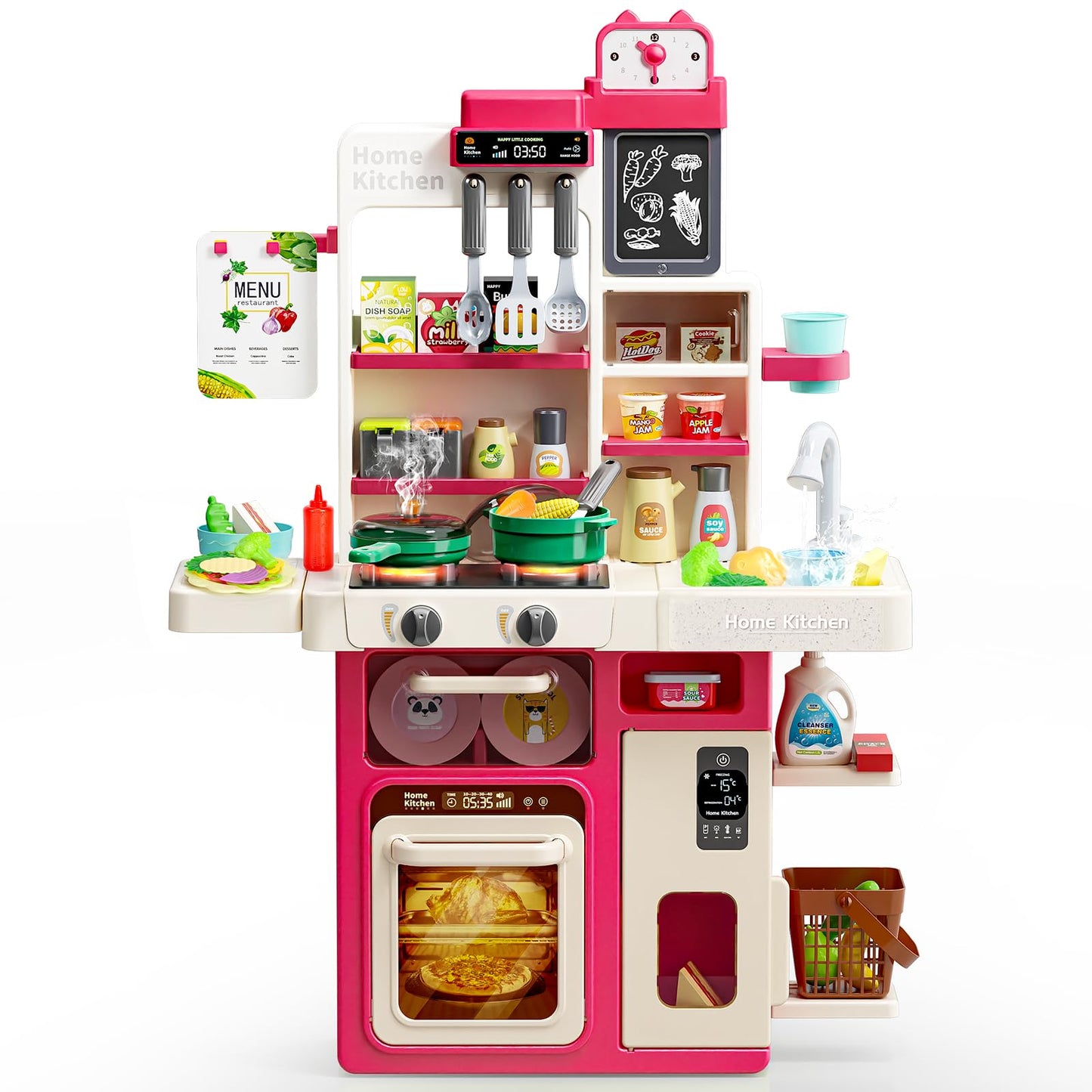 Letapapa Kids Pretend Play Kitchen Set, Kitchen Toys with Realistic Sound & Light, Cooking Stove, Sink, Play Food and Kitchen Accessories, Pretend Kitchen Playset Gifts for Toddlers Girls Boys(Red)