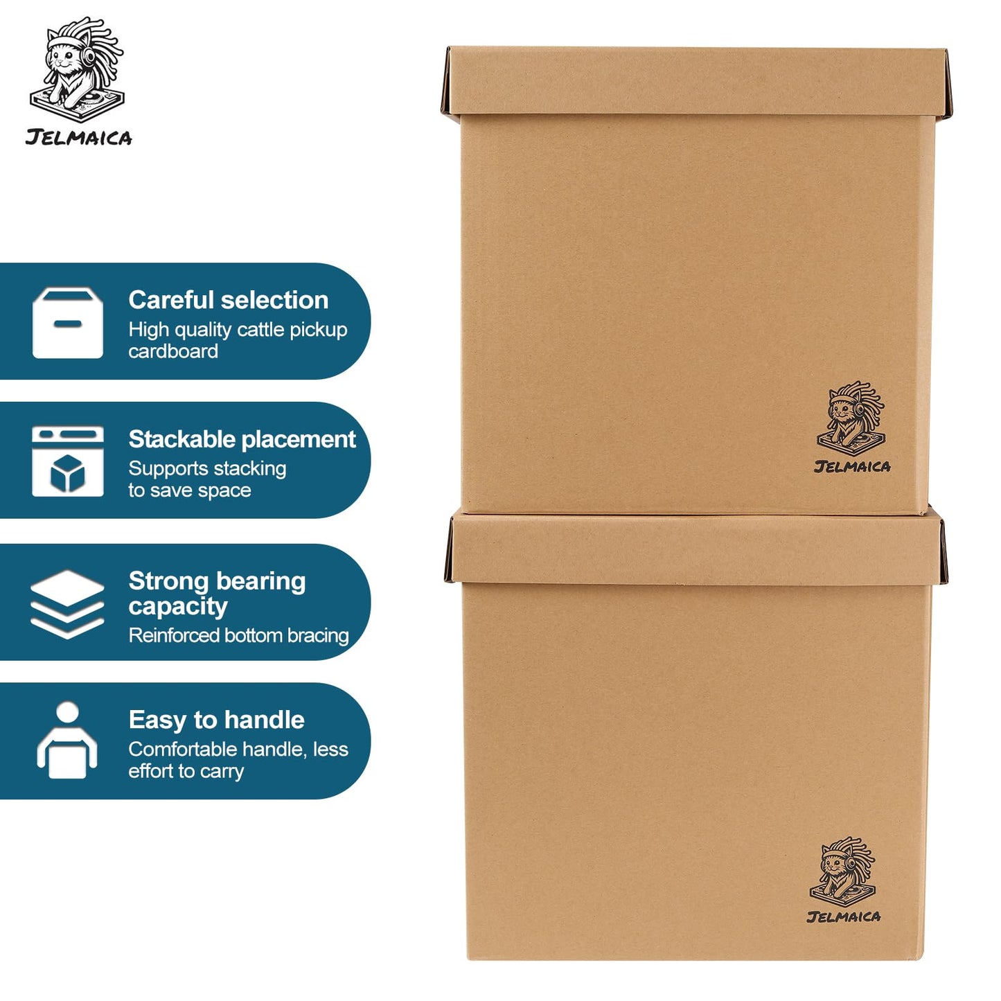 Jelmaica Vinyl Record Storage Box - Moving Box with Handles and Lids - Sturdy Cardboard Crate for Vinyl storage - Holds Up to 60 Records or LPs - Set of 4 Boxes (Kraft)