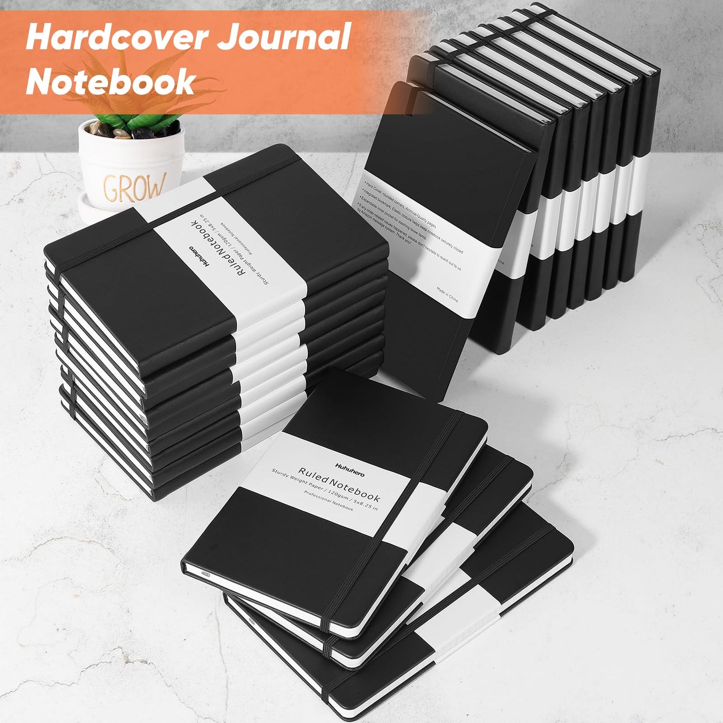Huhuhero 10 Pack Lined Journal Notebook, A5 College Ruled Writing Journals, Hardcover Journaling Notebooks for Work Note Taking School Office Home, 5"×8.25" (10, Black)