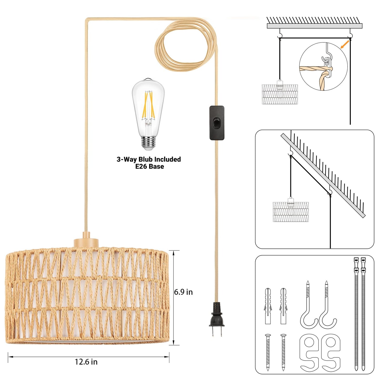 Plug in Pendant Light Rattan Hanging Lamp, Boho Hanging Lights with Paper Woven & Fabric 2 in 1 Shade, 3-Way Dimmable Bulb Included, Ceiling Light Fixture for Living Room,Bedroom,Farmhouse