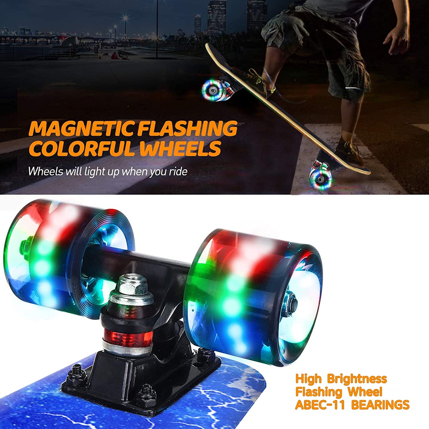 GIEEU Skateboards with Colorful Flashing Wheels for Beginners,Kids,Teens,Adults,31 x 8 Inch Complete Standard Skate Boards 9 Layer Canadian Maple Deck Concave Skateboard