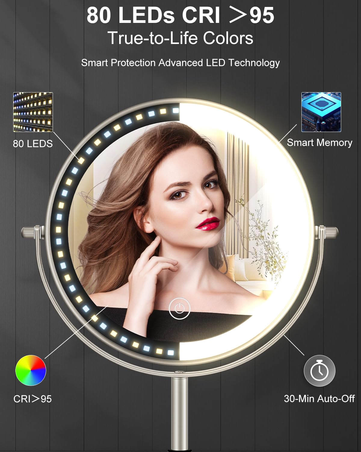 vpu Makeup Mirror with Lights, 1X/30X Lighted Magnifying Mirror Height Adjustable, 3000mAh Rechargeable Double Sided Vanity Mirrors with 3 LED Lighting and Adjustable Brightness for Desk Women Gift
