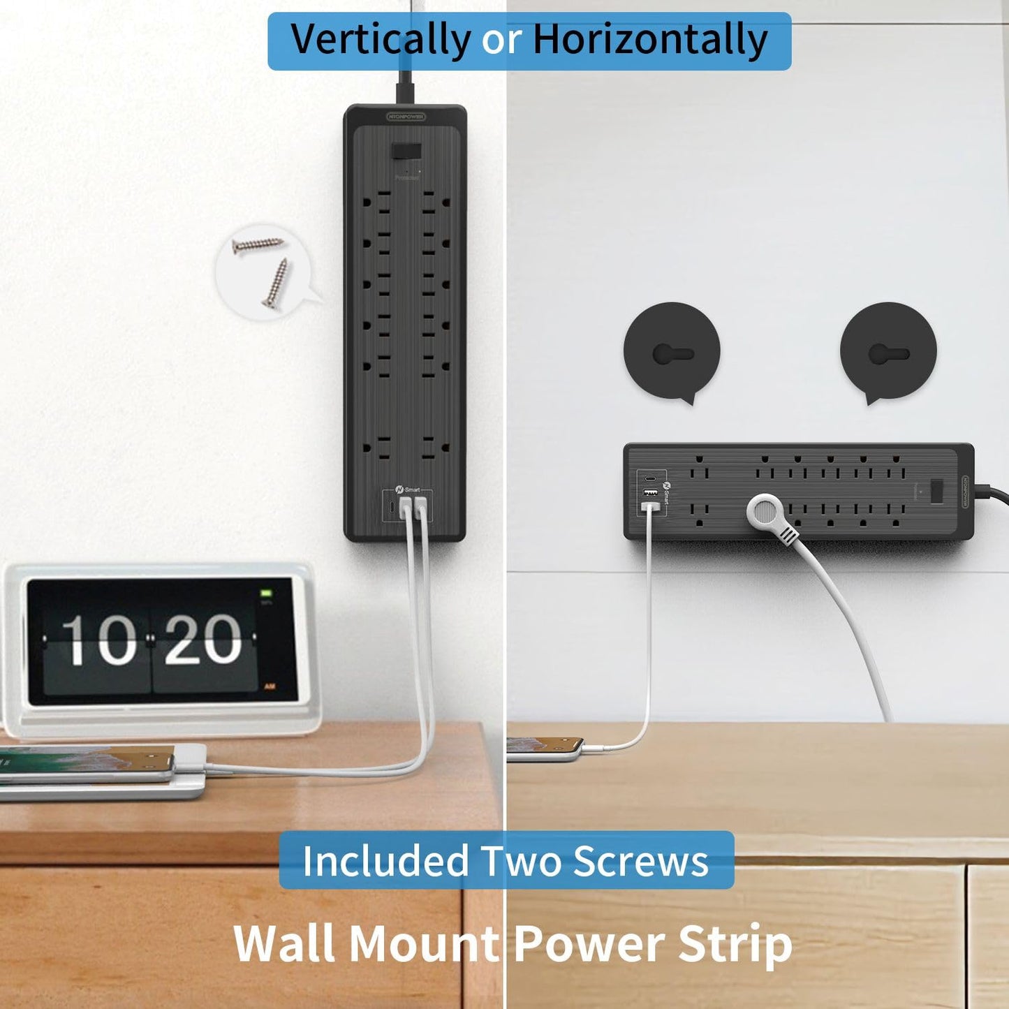 NTONPOWER 15 ft Extension Cord, Flat Plug Surge Protector Power Strip with USB, 12 Outlets Surge Protector Wall Mount, 2100 Joules, 1875W, 15A Circuit Breaker for Home Office Dorm Essentials, Black