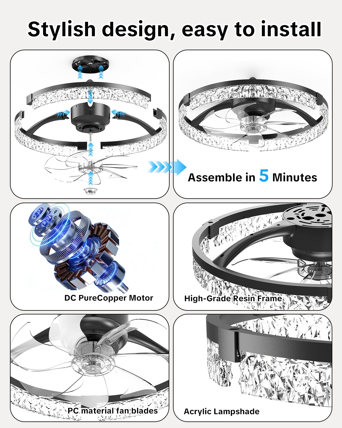 AIKVSXER 20" Low Profile Ceiling Fan with Light and Remote, Dimmable LED Flush Mount Ceiling Fan, 6 Speeds, White Modern Design for Bedroom/Living Room （Black-Crystal）