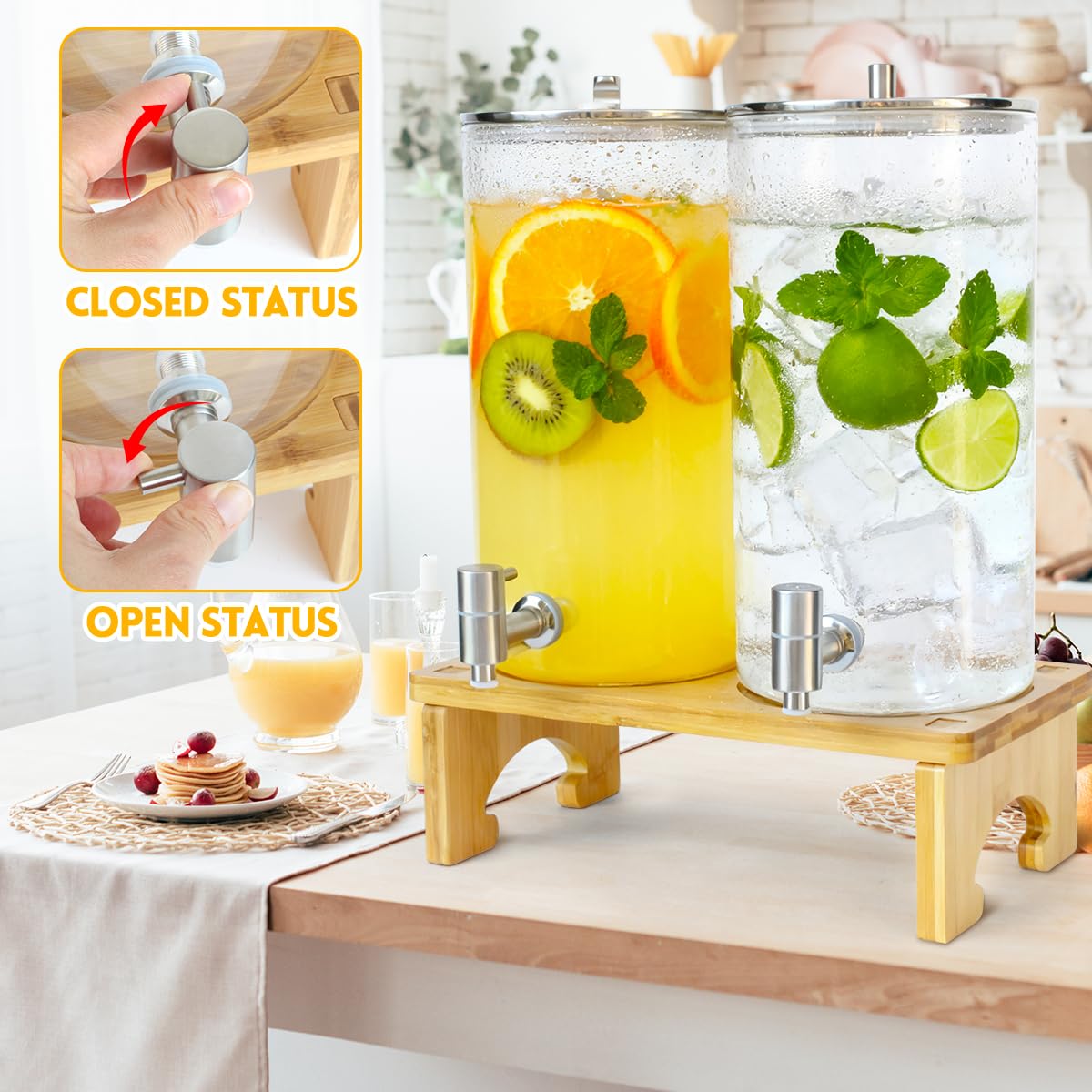 2 Pack 1.5 Gallon Drink dispenser with Stand，Glass Beverage Dispenser With Wood Stand, 18/8 Stainless Steel Spigot and Labels Large Water Drink Dispensers for Parties, Lemonade,Juice, Tea