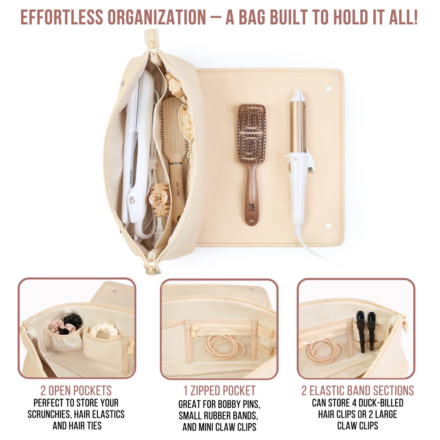 BAREFOOT CARIBOU Hair Tools Travel Bag and Heat Resistant Mat for Flat Irons, Straighteners, Curling Iron, and Haircare Accessories, 2-in-1 design, with Interior Pockets, Portable Organizer (Ivory)