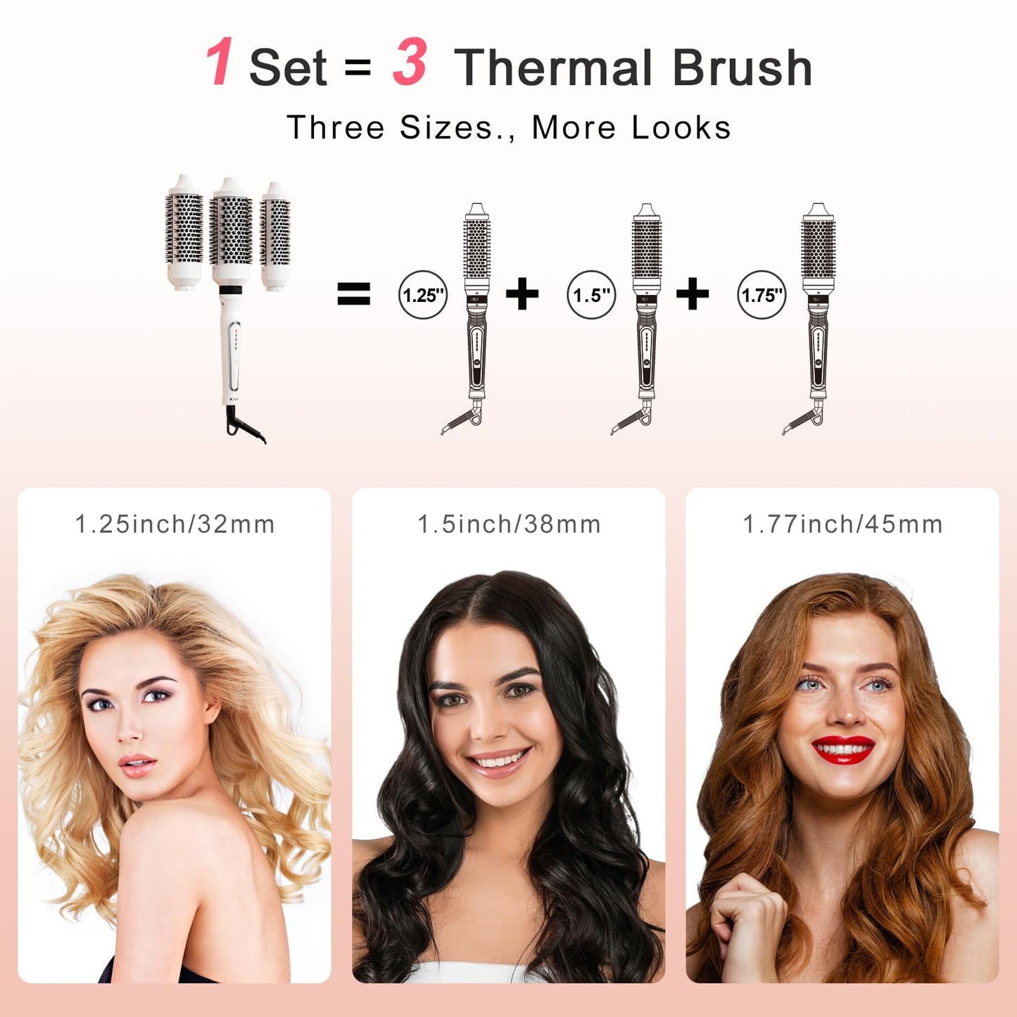 K&K 3 in 1 Thermal Brush Set, Ceramic Hot Brush, Fast Heating Curling Wand for Short, Medium & Long Hair, 5 Temperature Adjustment, Dual Voltage