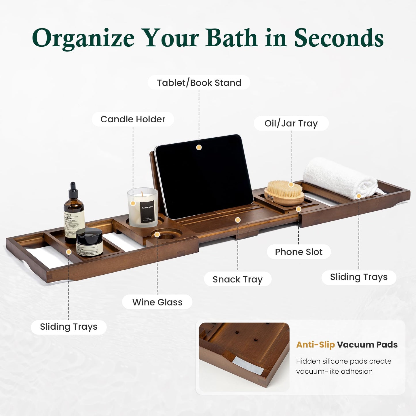 Realgulf Bamboo Bathtub Tray, Bath Caddy with Wine Glass Holder, Phone Dock & Book Stand | Hands-Free Reading & Ultimate Spa Relaxation Experience-Brown