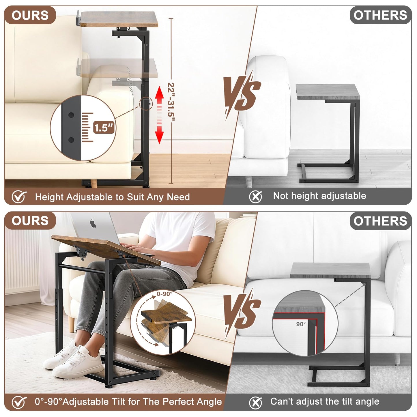 Tv Tray Table, Adjustable Height Couch Narrow Side Table,90° Tilt Angle foldable End Table, Laptop Table with Phone & Tablet Slot Dinner Tray Desk for Recliner/Sofa/Bed/small Living Room (Brown)