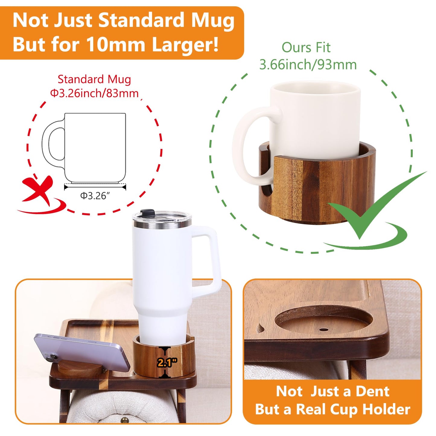 Acanacle Couch Armrest Table Acacia with 360°Rotating Phone & Cup Holders,15.4" x 9.8", 3-in-1 Couch Arm Tray Clip-On Couch Tray for Drinks & Snacks