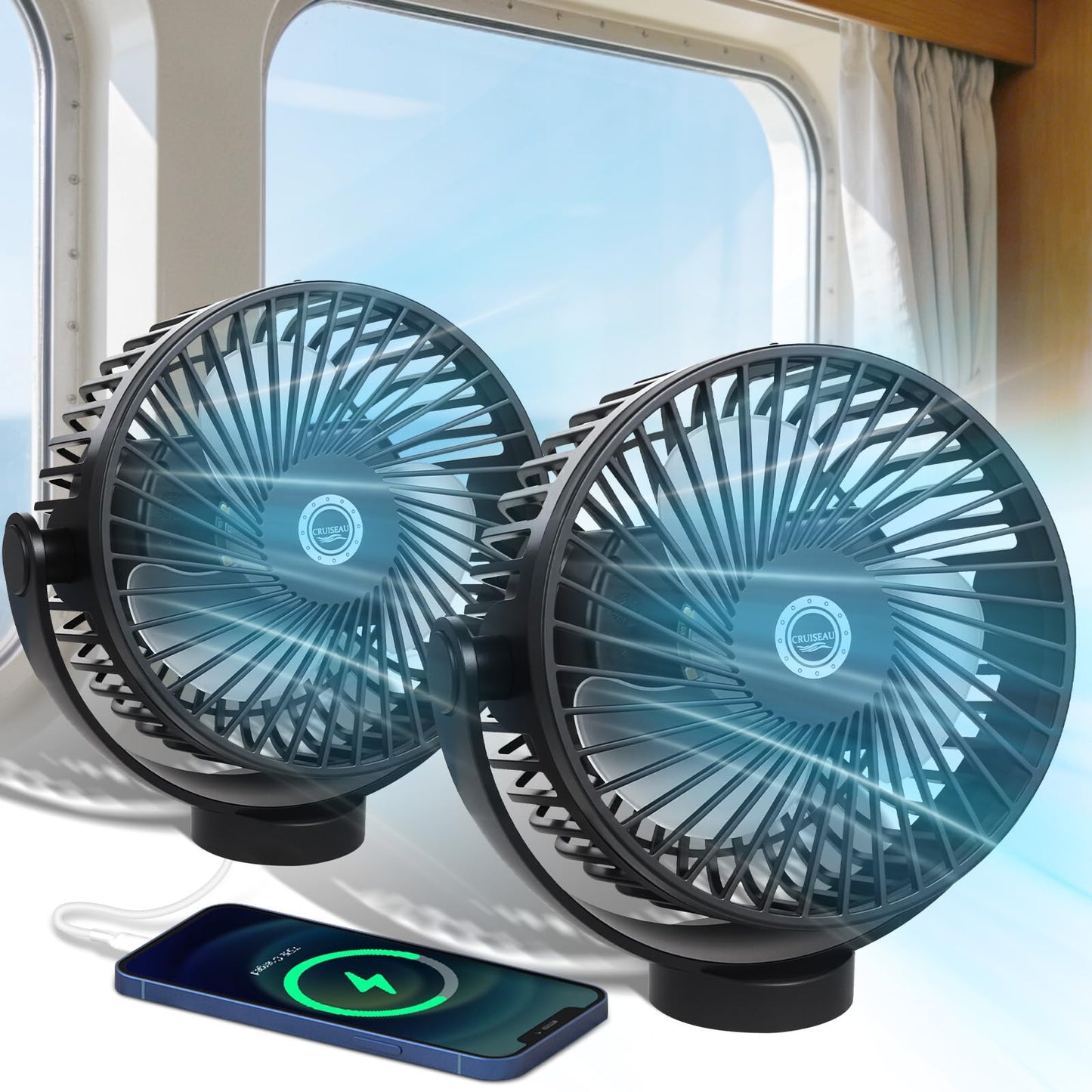 2-Pack Magnetic Cruise Fan with 12000mAh Rechargeable Battery, LED Light, Timer&Power Output, Magnetically Sticks on Cabin Ceilings and Walls, Ship Approved Cruise Essentials 2026