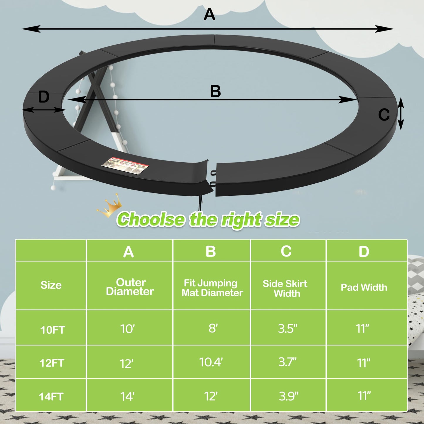 Deomod Trampoline Pad, 10FT 12FT 14FT Trampoline Replacement Safety Pad, Universal Trampoline Pads, Spring Cover, Waterproof, Tear Resistant, Round Arch Trampoline Parts for Kids (Black, 12FT)
