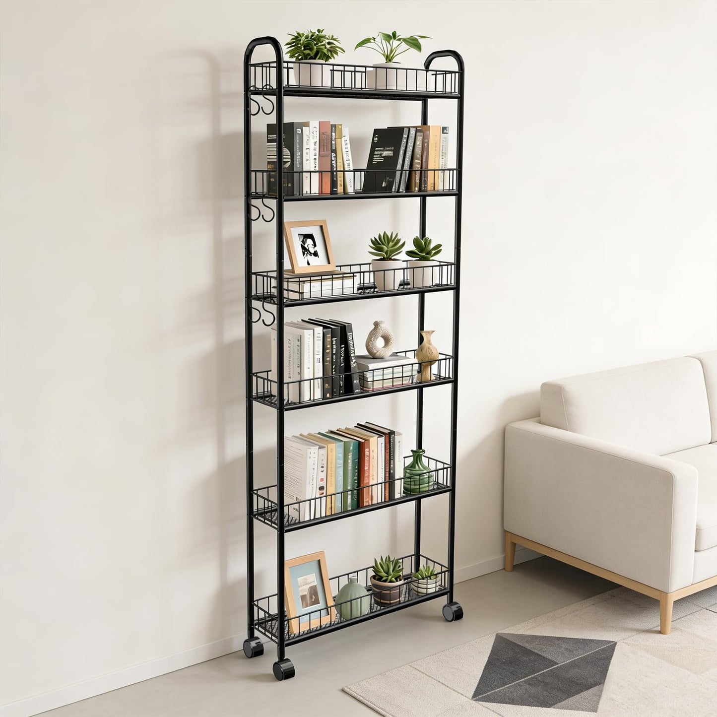 Seadasyoon 6in 6 Tier Slim Storage Cart with Wheels, Narrow Space Rolling Shelving Unit, Metal Wire Mobile Organizer Rack for Kitchen Bathroom Office Laundry