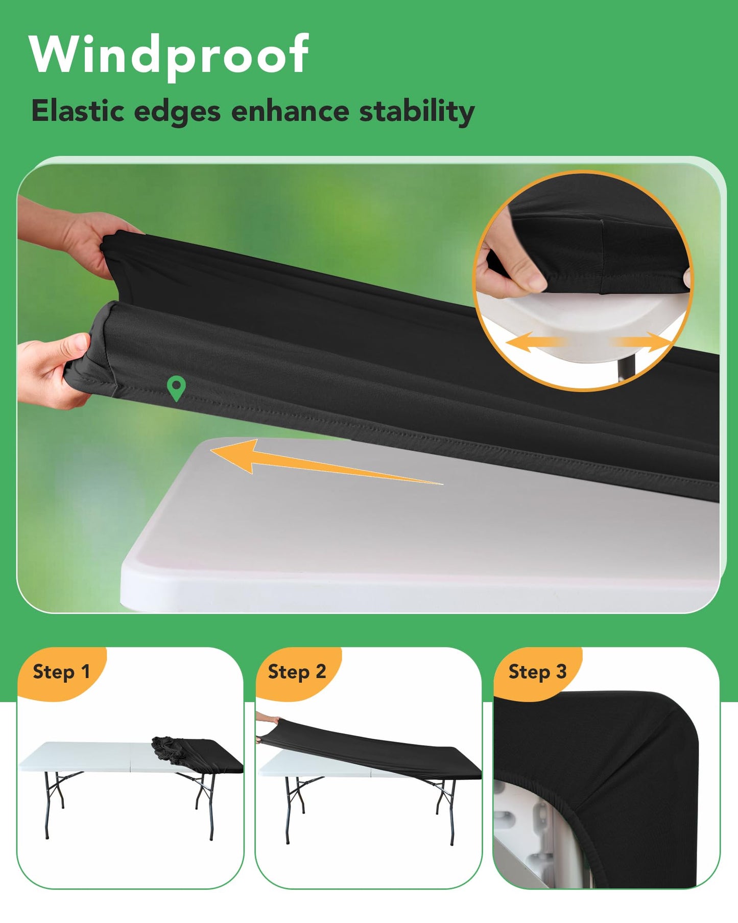 KeyWave Fitted Tablecloth Rectangle Table Cloths - 8 Pack 6 Foot Elastic Stretch Folding Table Top Cover Water-Resistant Reusable for Outdoor Picnic Camping Party Event, Black, 72" L x 30" W