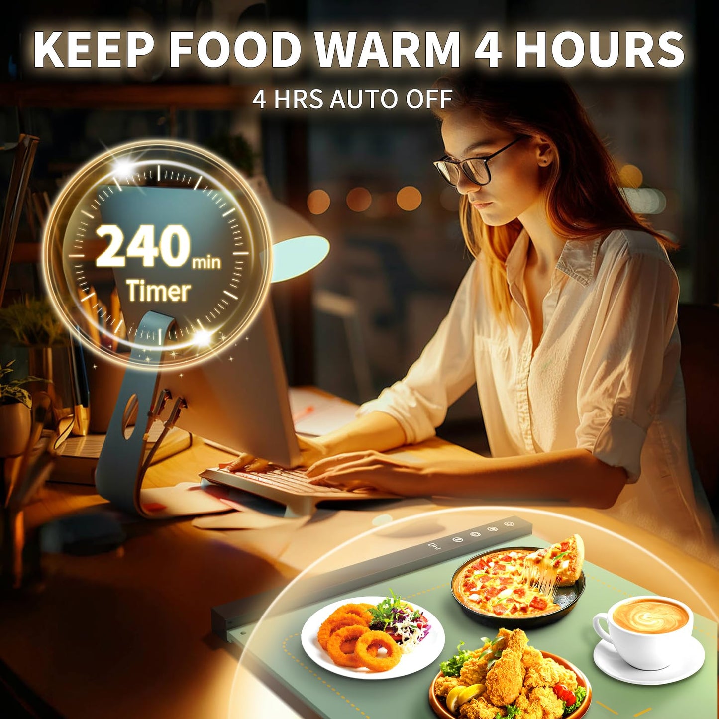 Warming Mat for Food - Full Surface Rapid Heating, Rollable & Portable Food Warmer Mat with 6 Temperature Settings and 1-4 hours adjustable Timer, Silicone Heating Mat for Party Buffet (Grayish green)