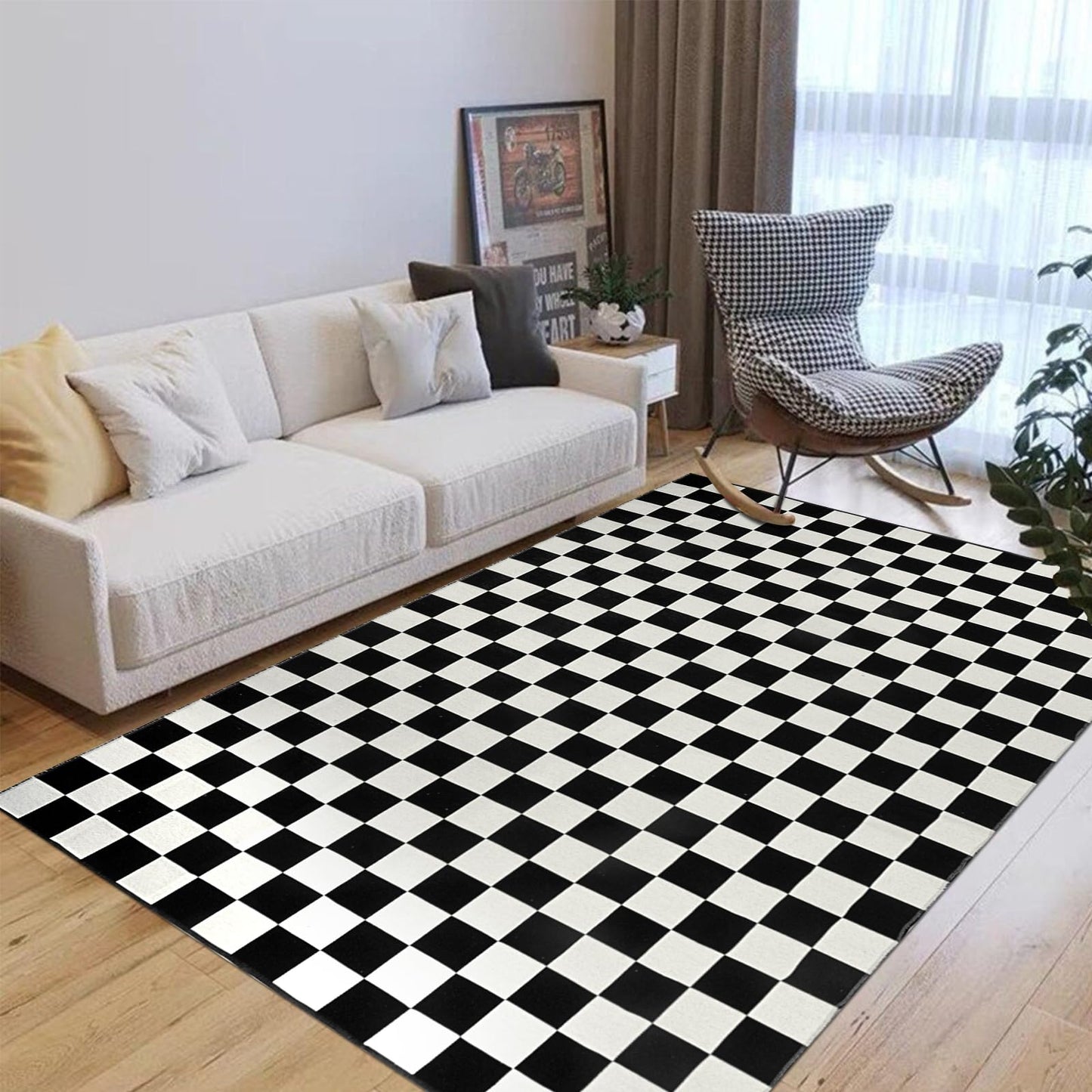 Seavish Checkered Rug, 5x8 Ft Black and White Rug, Retro Moroccan Checkerboard Rugs, Lightweight Outdoor Washable Area Rug, Rustic Floor Carpet Decor for Living Room Bedroom Dining Room Patio
