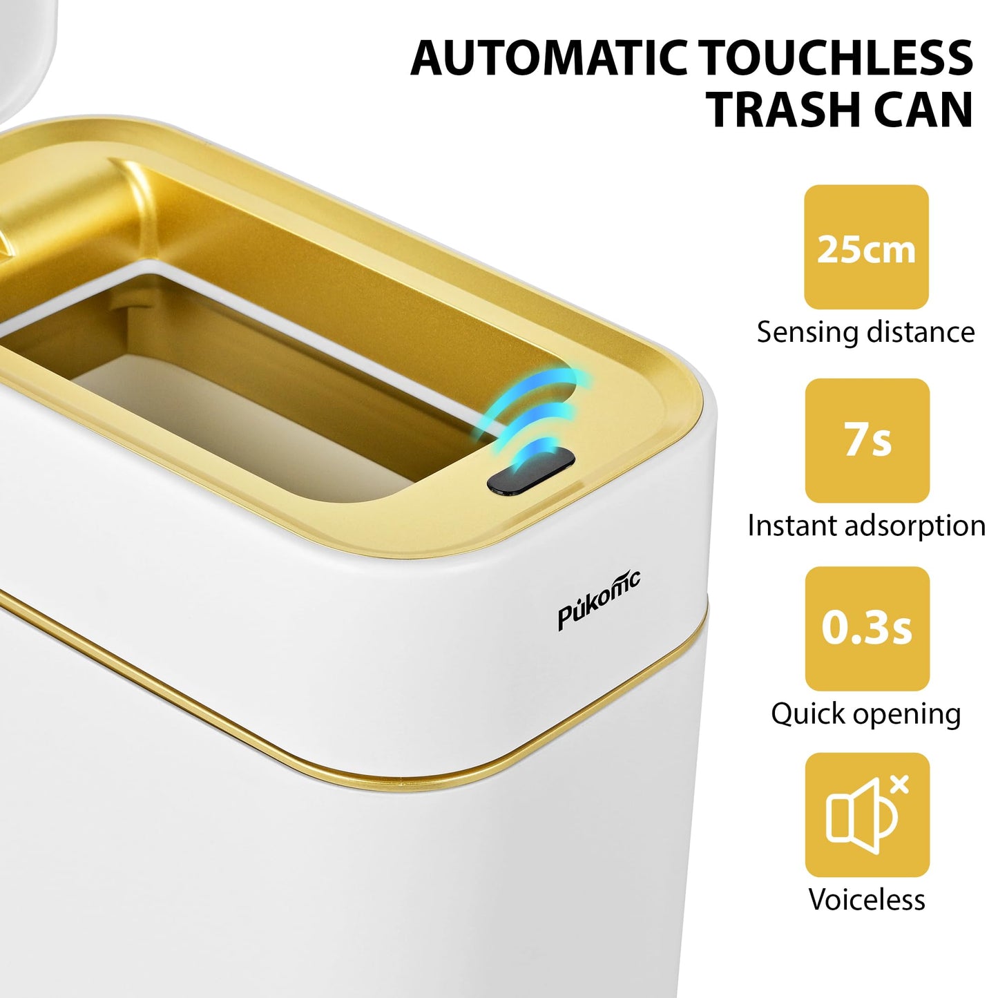 Pukomc 2.3 Gallon / 9L Automatic Adsorption Sensor Trash Can, White Gold Motion Sensor Garbage Bin with Vacuum Suction, Slim Fashionable Design for Kitchen, Bathroom, Office & Small Space