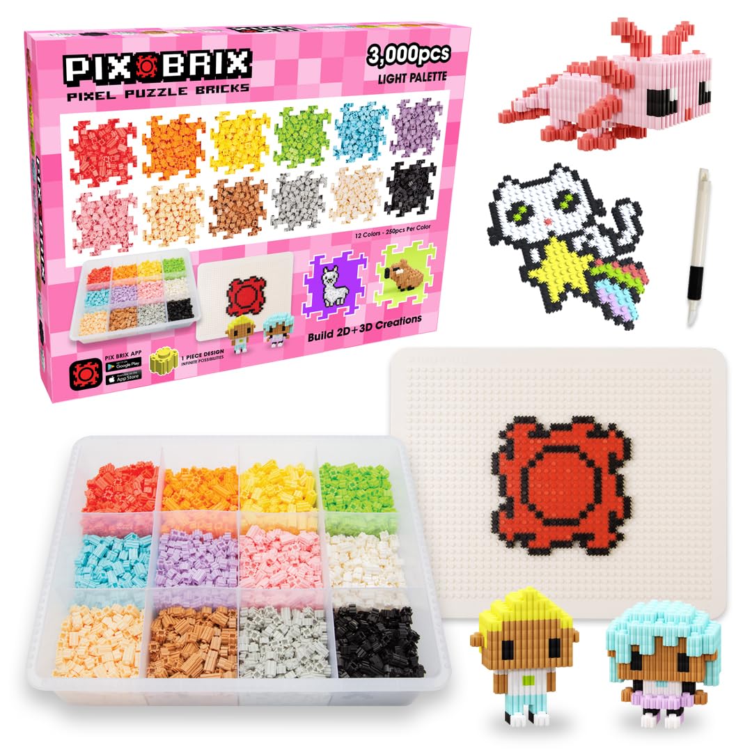 Pix Brix Pixel Art Puzzle Brick Set - 3,000 Piece Pixel Art Container, 12 Color Light Palette, Interlocking Building Bricks, Create 2D Builds and