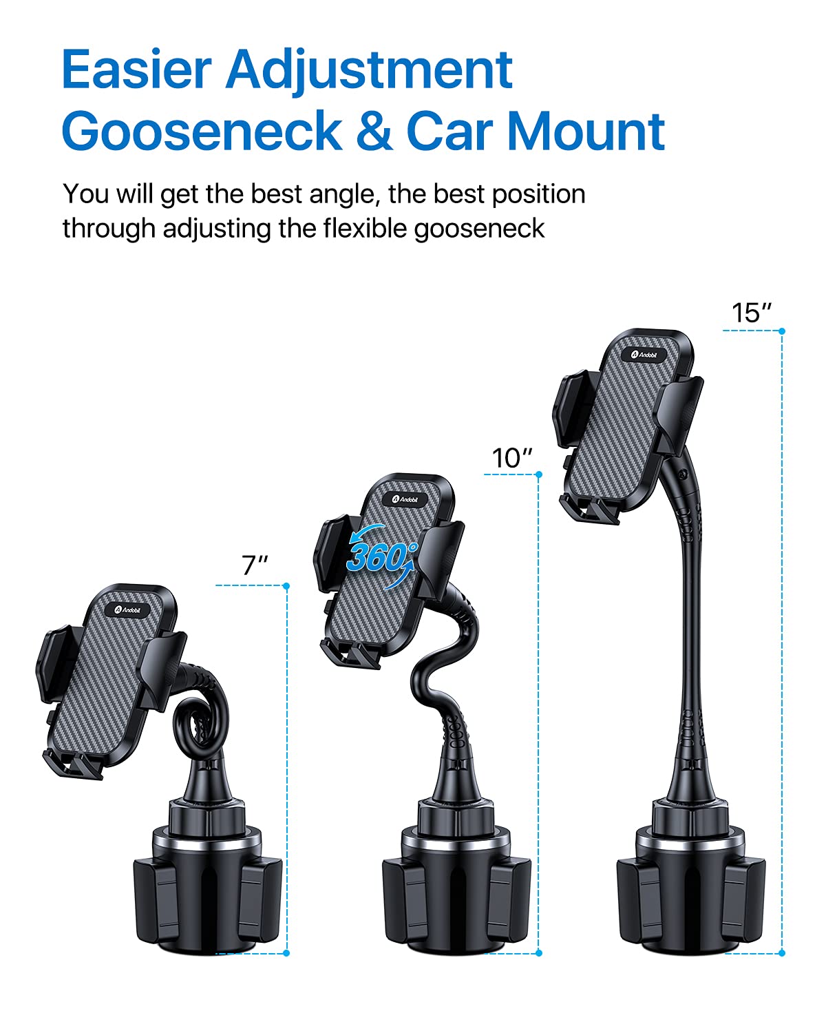 andobil Upgraded & Solidest 15in Cup Holder Phone Holder, [Stable & Adjustable] Long Gooseneck Car Phone Holders for Your Car Truck Fit for iPhone 16 Pro Max 15 14 13 12 Pro Max & All Cell Phones