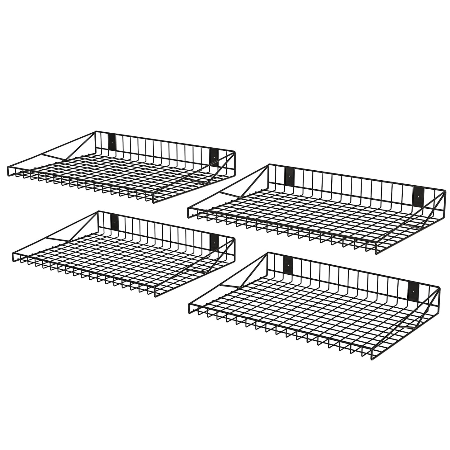 4 Pack Garage Wall Shelf, Garage Wall Mounted Shelving, Heavy Duty Floating Shelves With 8 Hooks, Loads 180 LBS Black Wall Shelves Mesh Storage Rack for Office, Basement, Wall Cabinet and Kitchen