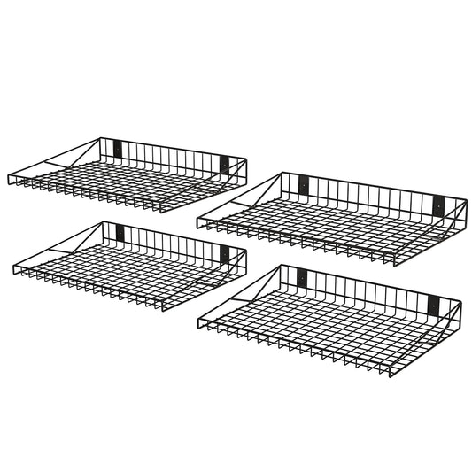 4 Pack Garage Wall Shelf, Garage Wall Mounted Shelving, Heavy Duty Floating Shelves With 8 Hooks, Loads 180 LBS Black Wall Shelves Mesh Storage Rack for Office, Basement, Wall Cabinet and Kitchen