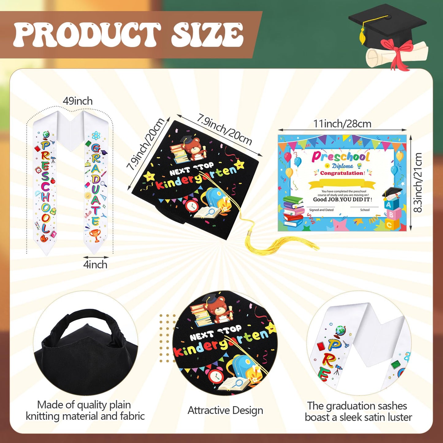 Knitgrip 36 Pcs Kindergarten Preschool Graduation Stole Caps and Diplomas Set Graduation Cap with Tassel Graduate Sash and Diploma Unisex for Kids Boys Girls (Preschool)