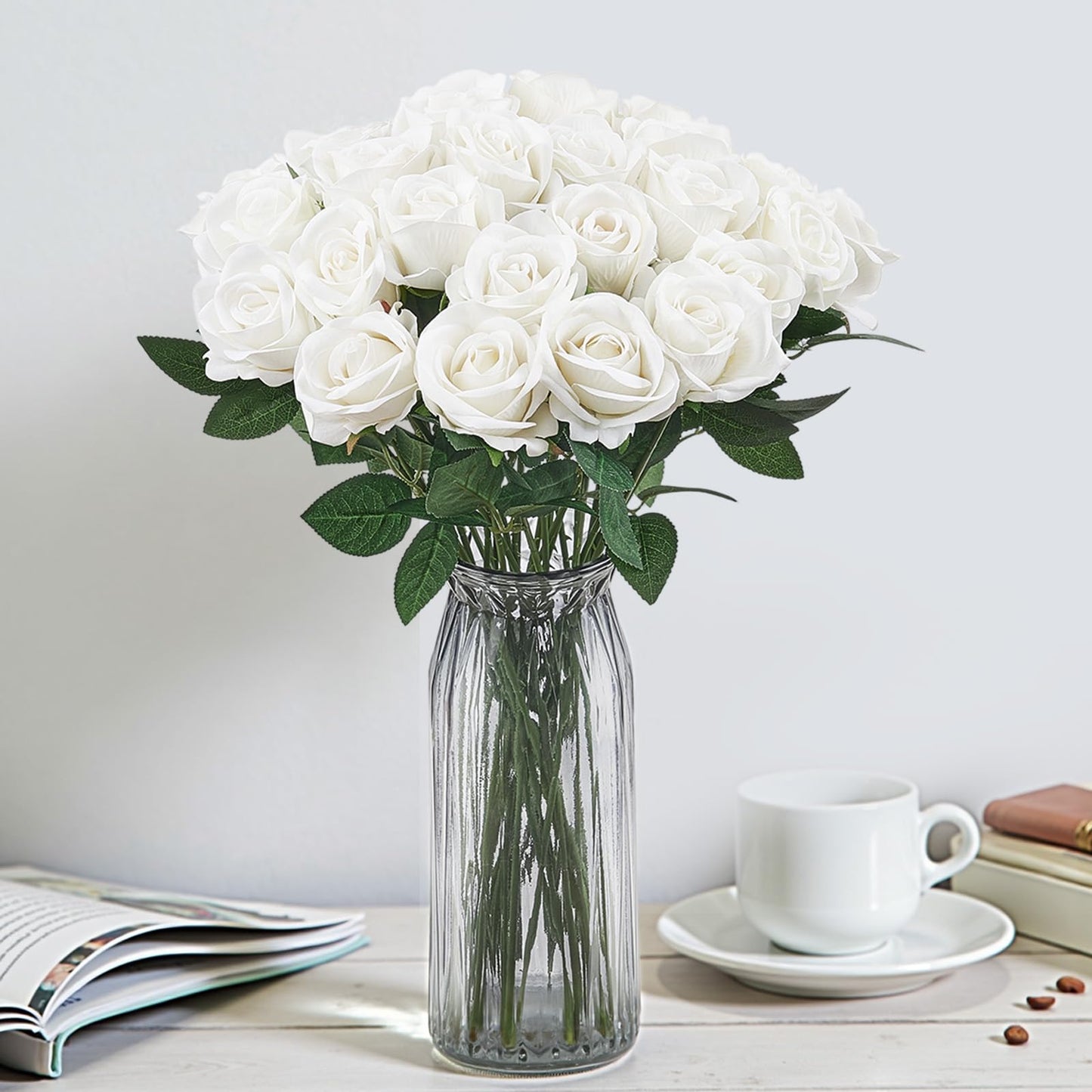 VEVOR Artificial Flowers, 120 pcs Real Looking White Foam Fake Roses Bulk, White Faux Bridal Shower with Stems for DIY Wedding Bouquets, Home Centerpieces Arrangements, Party Tables Decorations