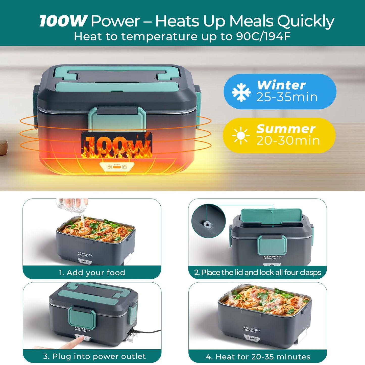 Annie & Mia Design Electric Lunch Box for Adults, 100w 3.5L 2-Layer Portable Food Warmer, Dual Mode 2.5L + 1L Heated Lunch Box for Adults, Home/Car/Office/Truck Use, Lonchera Eléctrica Portátil