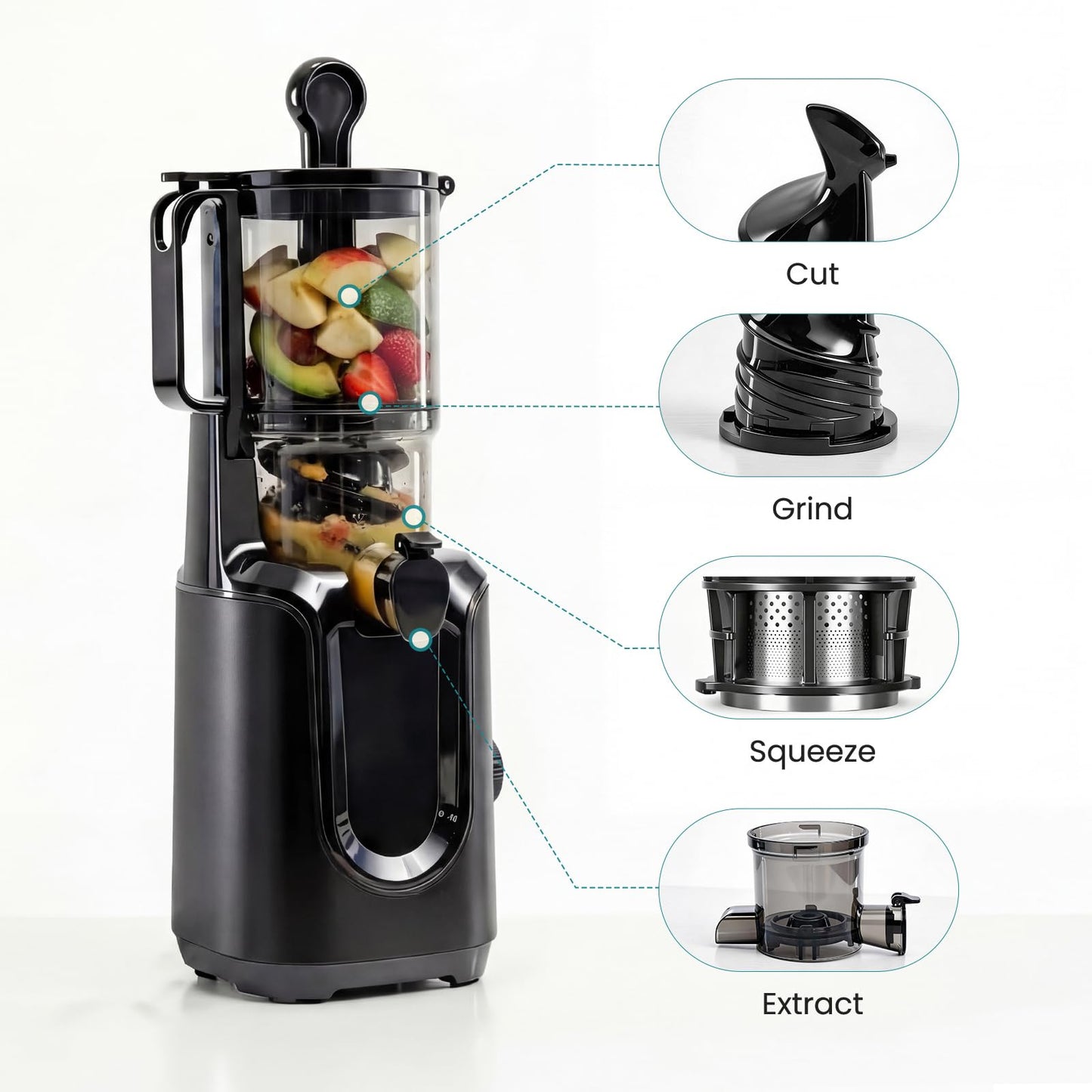 OLIXIS Cold Press Juicer, Slow Masticating Juicer Machine with Reverse Function, Juice Extractor for Making Nut Milk, Easy to Clean & Blade-Free, Black