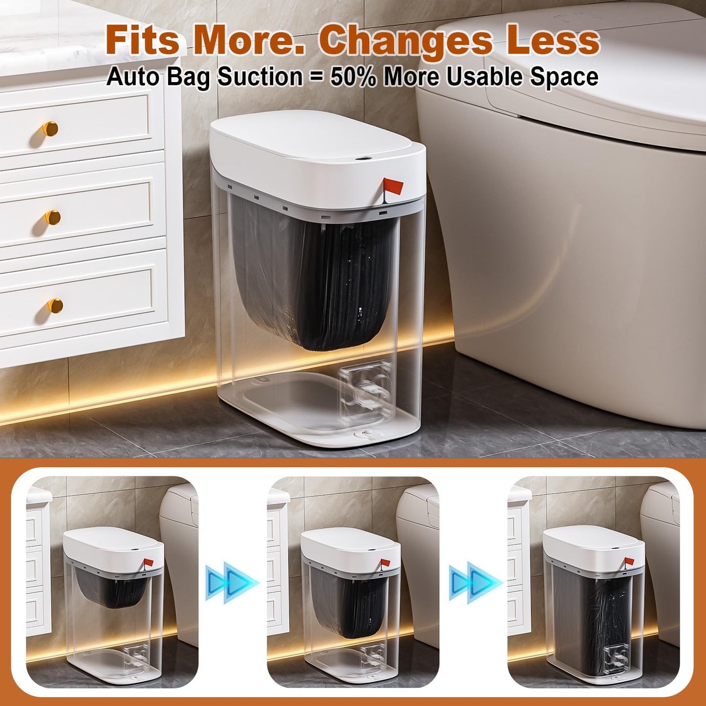 funest Bathroom Trash Can with Lid, Automatic Motion Sensor Trash Can, 3.5 Gallon Garbage Can, Type-C Rechargeable, Bag-Holding Design, One-Pull Auto Packing, Quiet-Close Hinge for Bedroom, Office