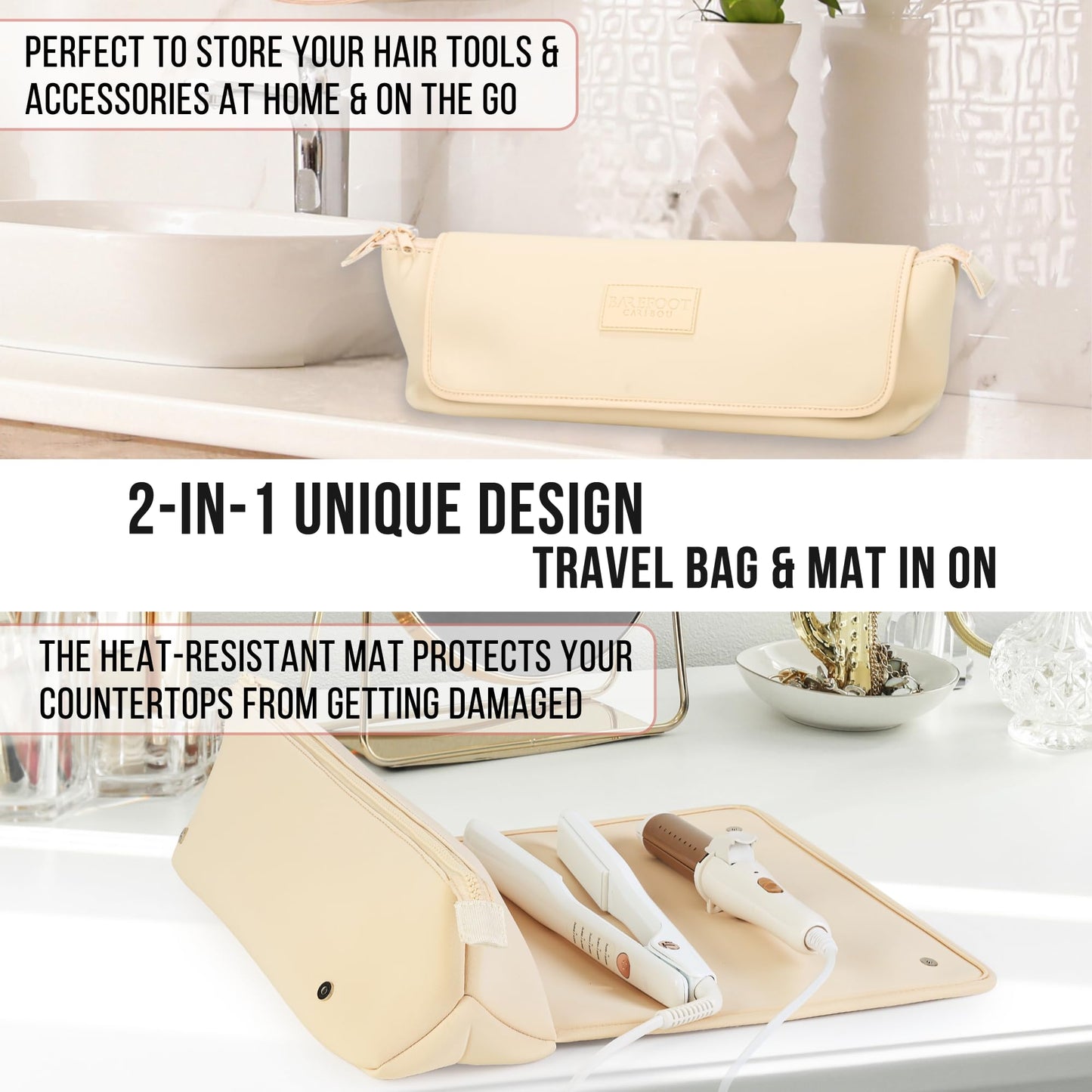 BAREFOOT CARIBOU Hair Tools Travel Bag and Heat Resistant Mat for Flat Irons, Straighteners, Curling Iron, and Haircare Accessories, 2-in-1 design, with Interior Pockets, Portable Organizer (Ivory)