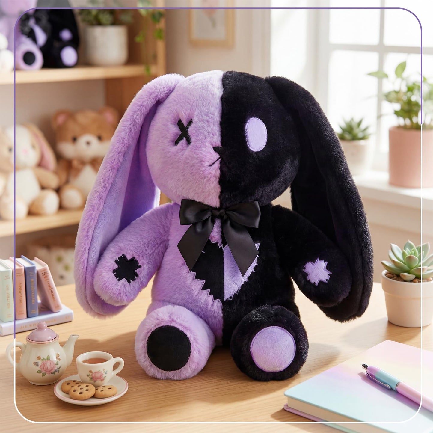 Sotiff Goth Bunny 12 Inch Easter Gothic Bunny, Emo Black Purple Rabbit Animal, Rabbit with Embroidered Details, Gothic Easter Gifts, Dark Cute Home Decor