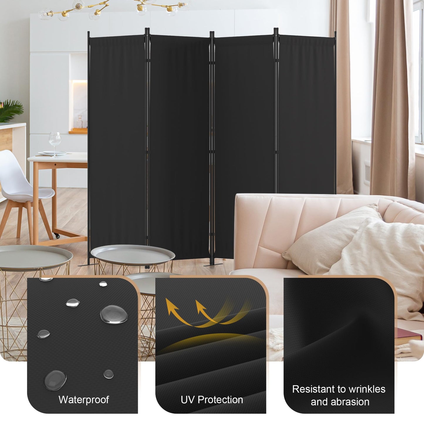 Kecreque Room Divider 4 Panel Partition Room Dividers & Folding Privacy Screens w/ 3 Metal Feet 6FT Portable Wall Doubles as a Dressing Screen Portable Wall for Office Kitchen Children's Room,Black
