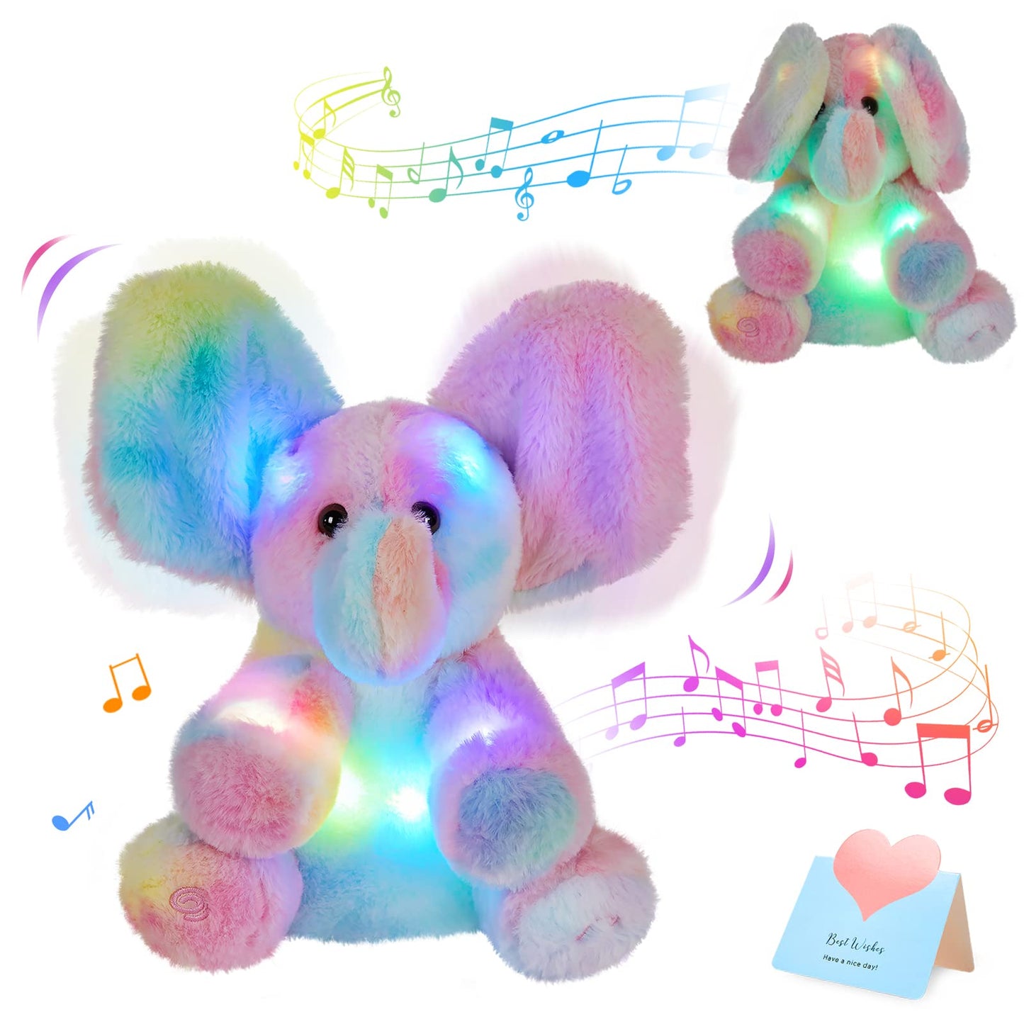 Glow Guards 12’’ Peek-A-Boo Light up Musical Electric Elephant Rainbow Plush Soft Toy Stuffed Animal Lullaby Night Light Interactive Hide and Seek Game Talking Doll Christmas Holiday Birthday Gifts for Toddler Kids