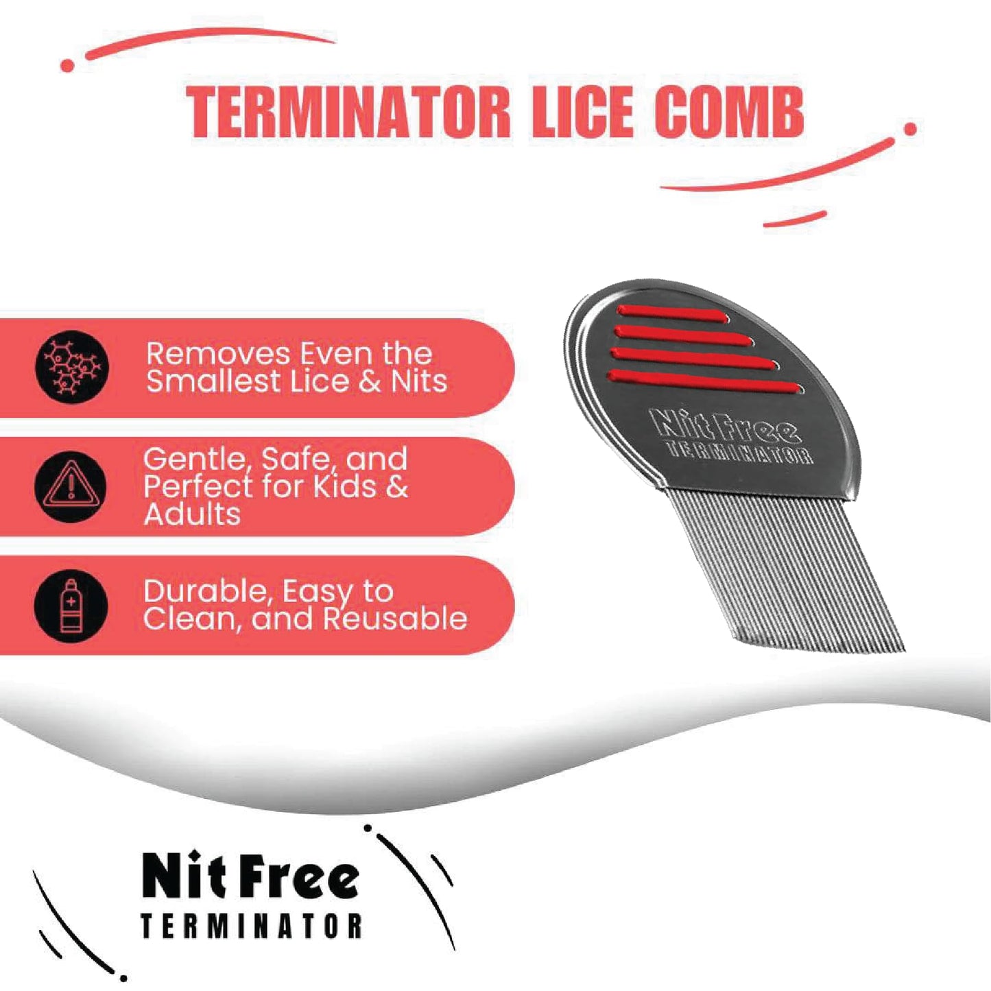 Nit Free Terminator Lice Comb, Professional Stainless Steel Comb for Head Lice Treatment, Pack of 6