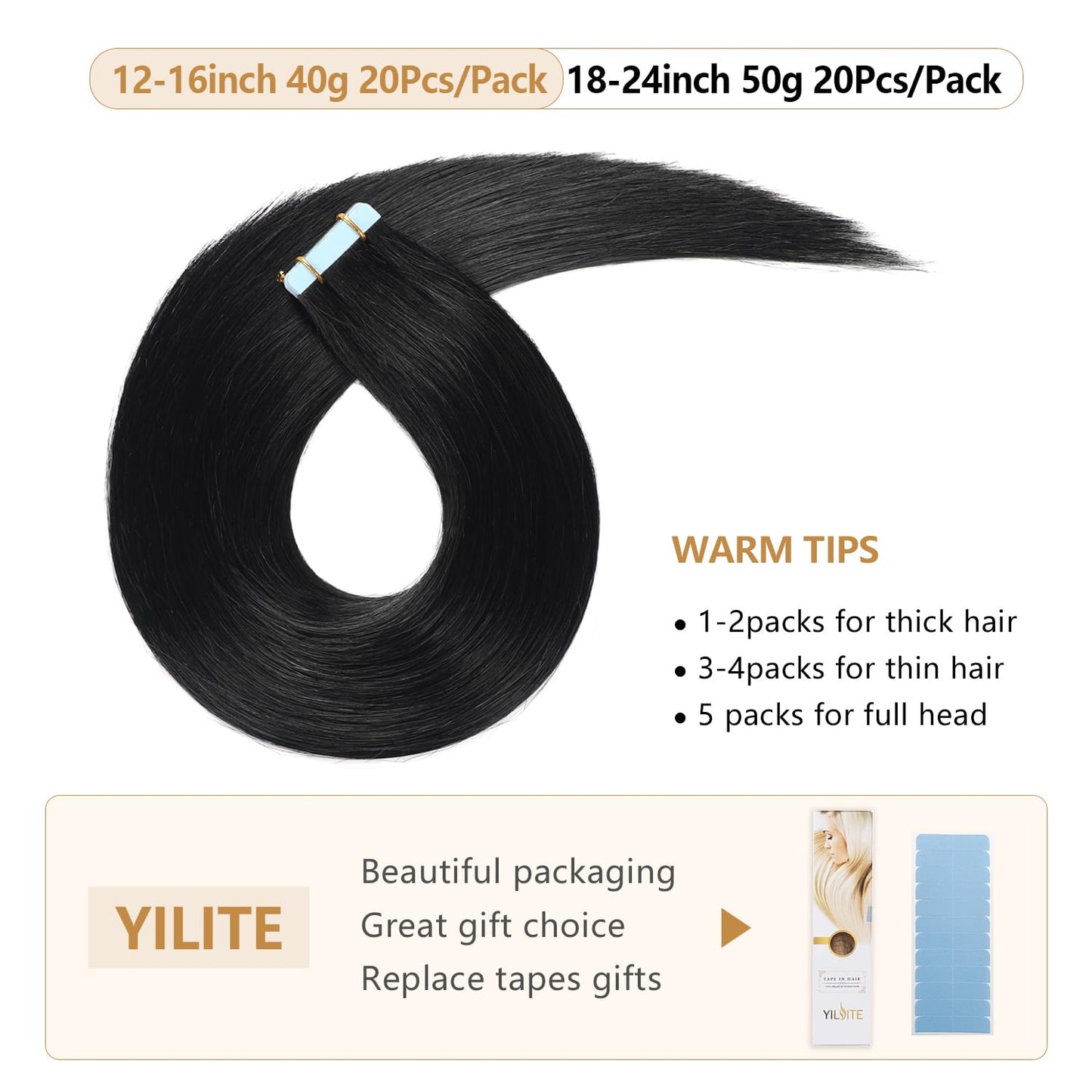 YILITE Tape In Hair Extensions Human Hair #1 Jet Black 20inch Invisible Tape in Hair Extensions Straight Seamless Skin Weft Human Hair Tape In Extensions 20pcs 50g