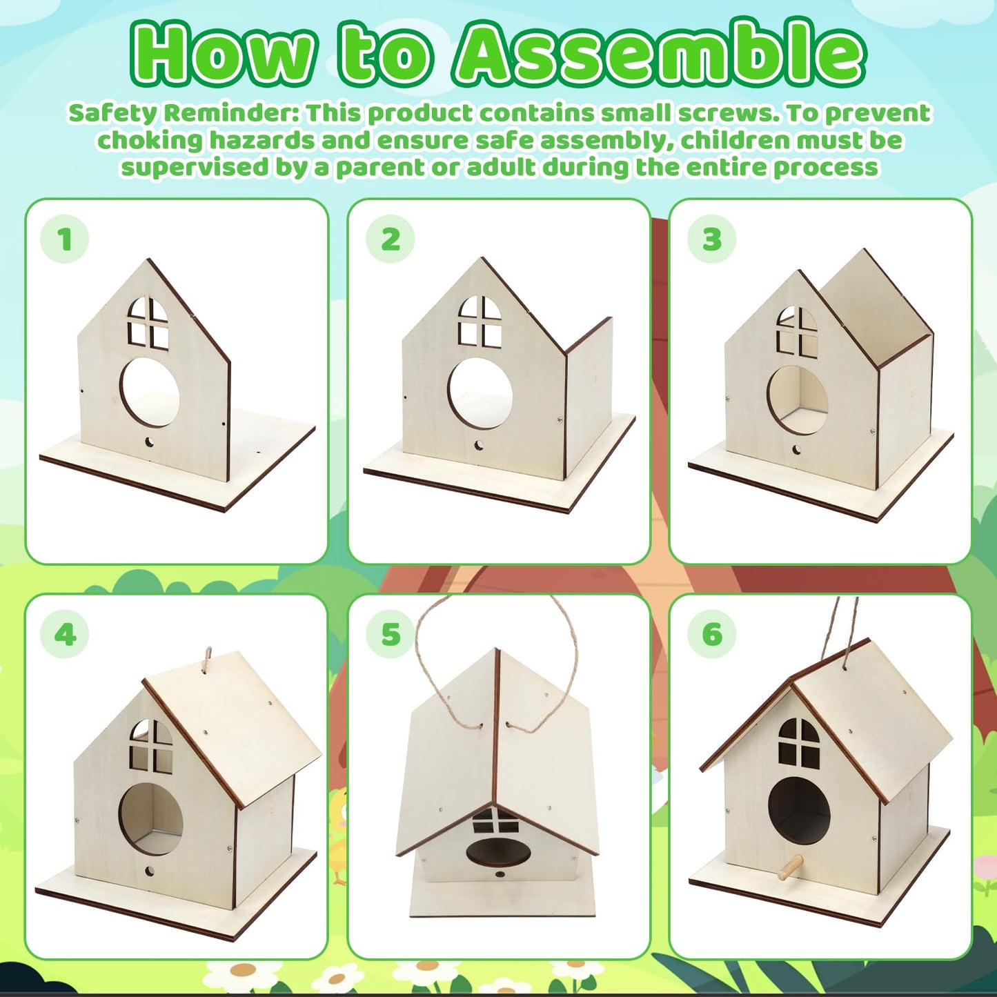 Entallor 6 Pack Wooden DIY Birdhouse Kit, Thickened Wood Bird Home for Kids Adults All-in-One Bird Crafts with Screwdrivers, Nails,Hemp Ropes for Backyard Indoor Outdoor