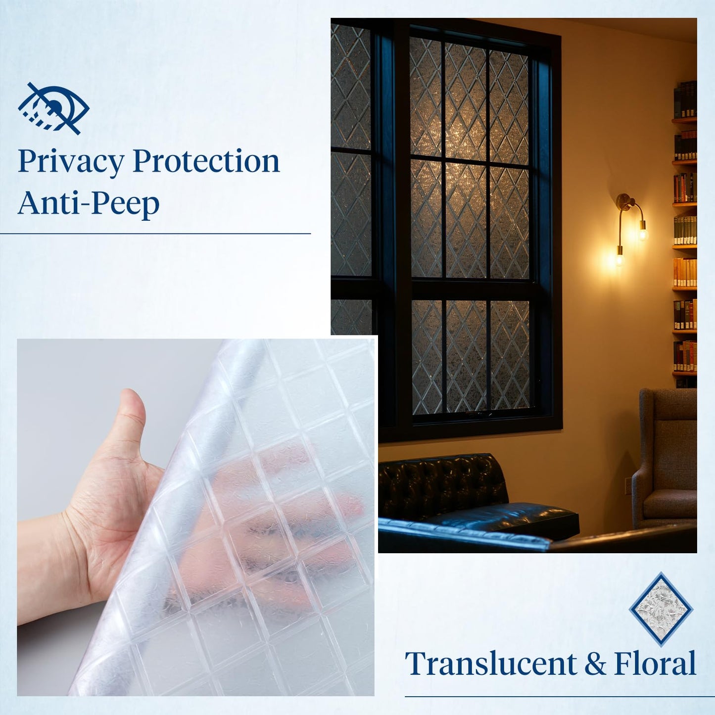 Haton Window Privacy Film Decorative Frosted Glass Window Film, Sun Blocking Stained Glass Clings, Static Cling Removable Stickers for Home Door Coverings, Lattice Pattern 23.6" x 118.1"